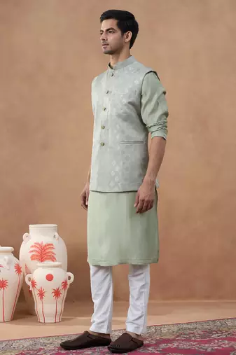 Light green jacquard jacket kurta set