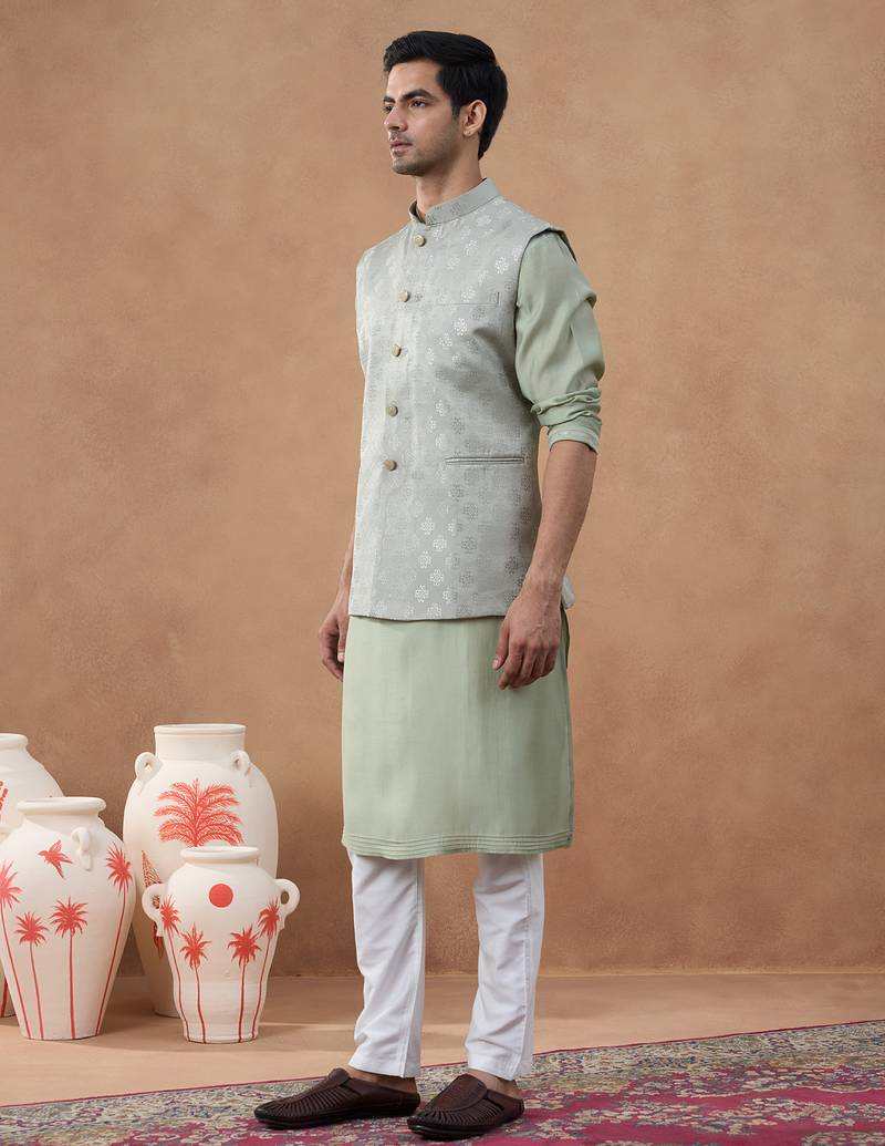 Light green jacquard jacket kurta set