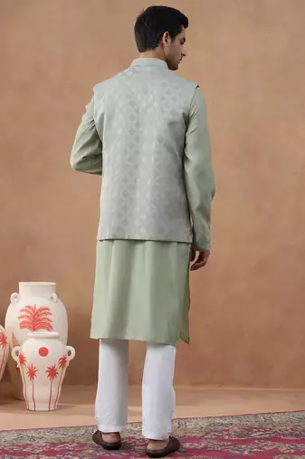 Light green jacquard jacket kurta set