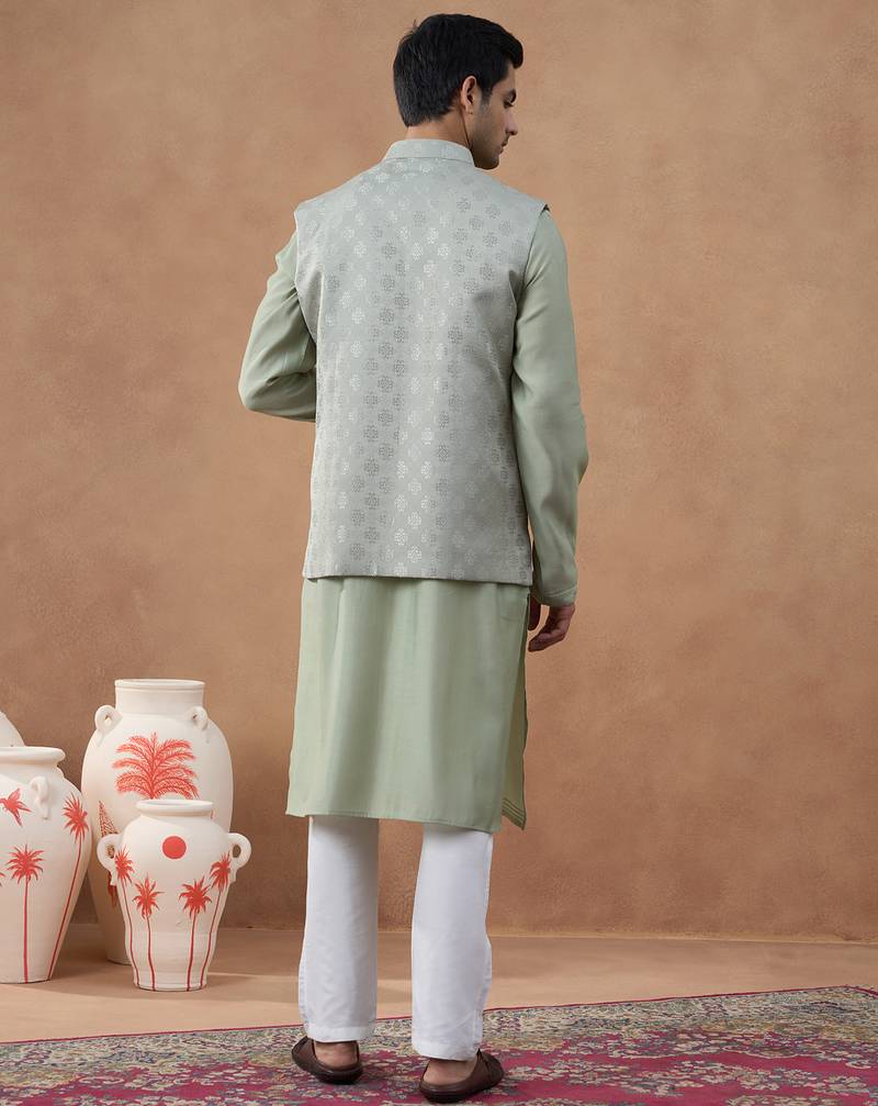 Light green jacquard jacket kurta set
