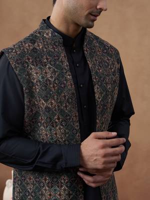 Multi-colour green bundi with classic black pathani set 2