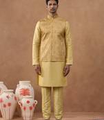 Gold herringbone printed bundi kurta set