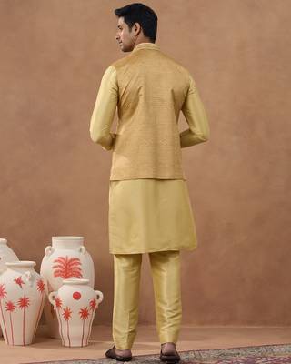 Gold herringbone printed bundi kurta set 4