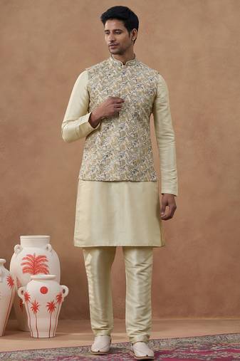 Beige kantha design bundi with kurta set