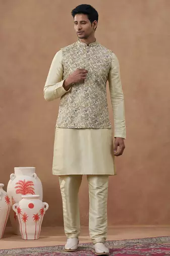 Beige kantha design bundi with kurta set