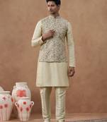 Beige kantha design bundi with kurta set
