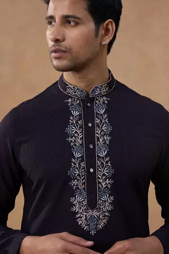 Dark chocolate brown embroidery kurta set