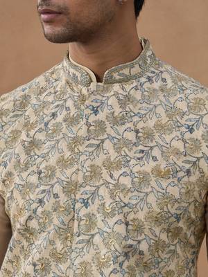 Beige kantha design bundi with kurta set 2
