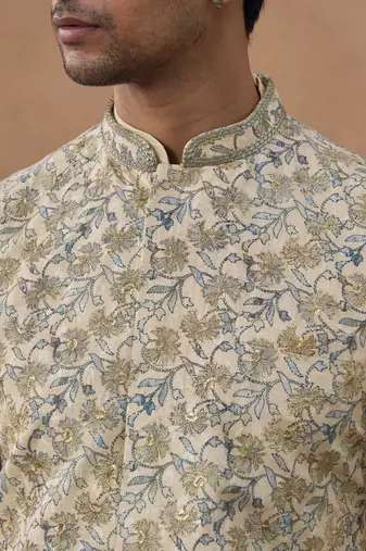 Beige kantha design bundi with kurta set