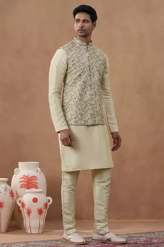 Beige kantha design bundi with kurta set