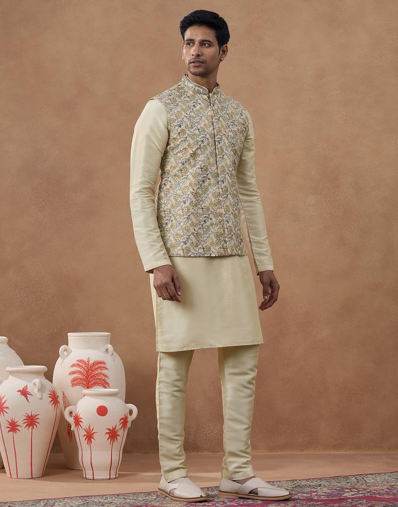 Beige kantha design bundi with kurta set
