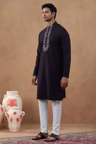 Dark chocolate brown embroidery kurta set