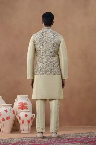 Beige kantha design bundi with kurta set