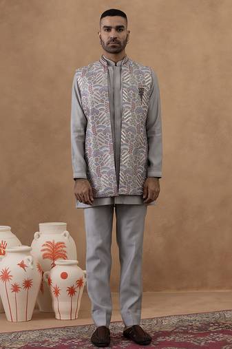 Grey embroidered indo-western jacket kurta set