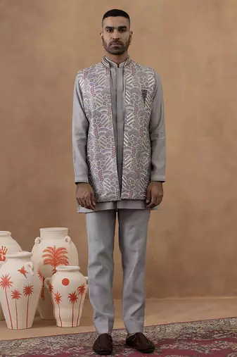 Grey embroidered indo-western jacket kurta set