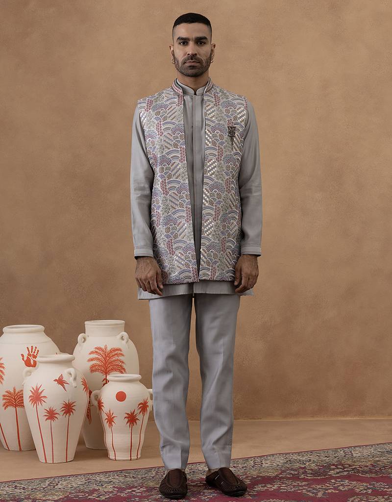 Grey embroidered indo-western jacket kurta set