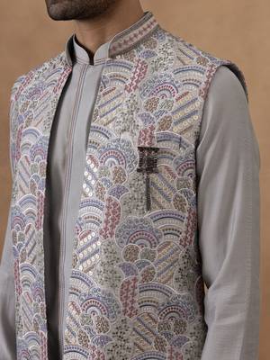 Grey embroidered indo-western jacket kurta set 2