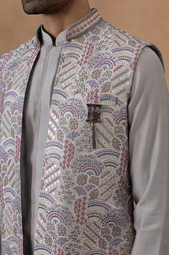 Grey embroidered indo-western jacket kurta set
