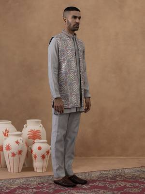 Grey embroidered indo-western jacket kurta set 3