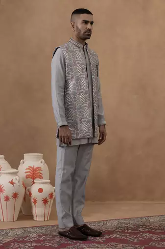 Grey embroidered indo-western jacket kurta set