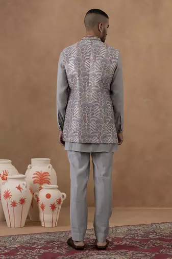Grey embroidered indo-western jacket kurta set