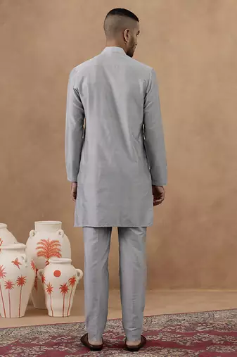 Grey thread-embroidered long bundi kurta set