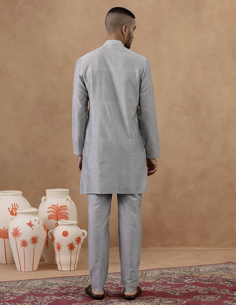 Grey thread-embroidered long bundi kurta set