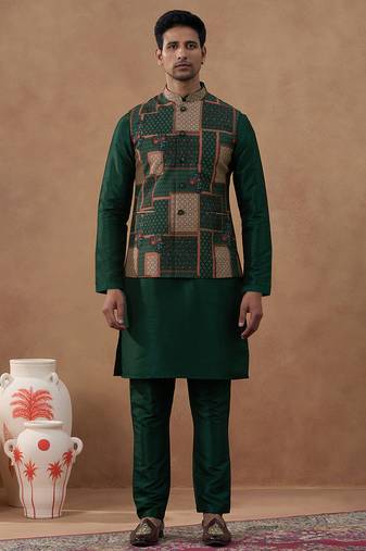Forest green printed bandi kurta set