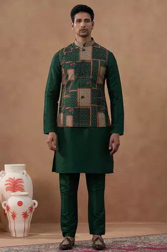 Forest green printed bandi kurta set