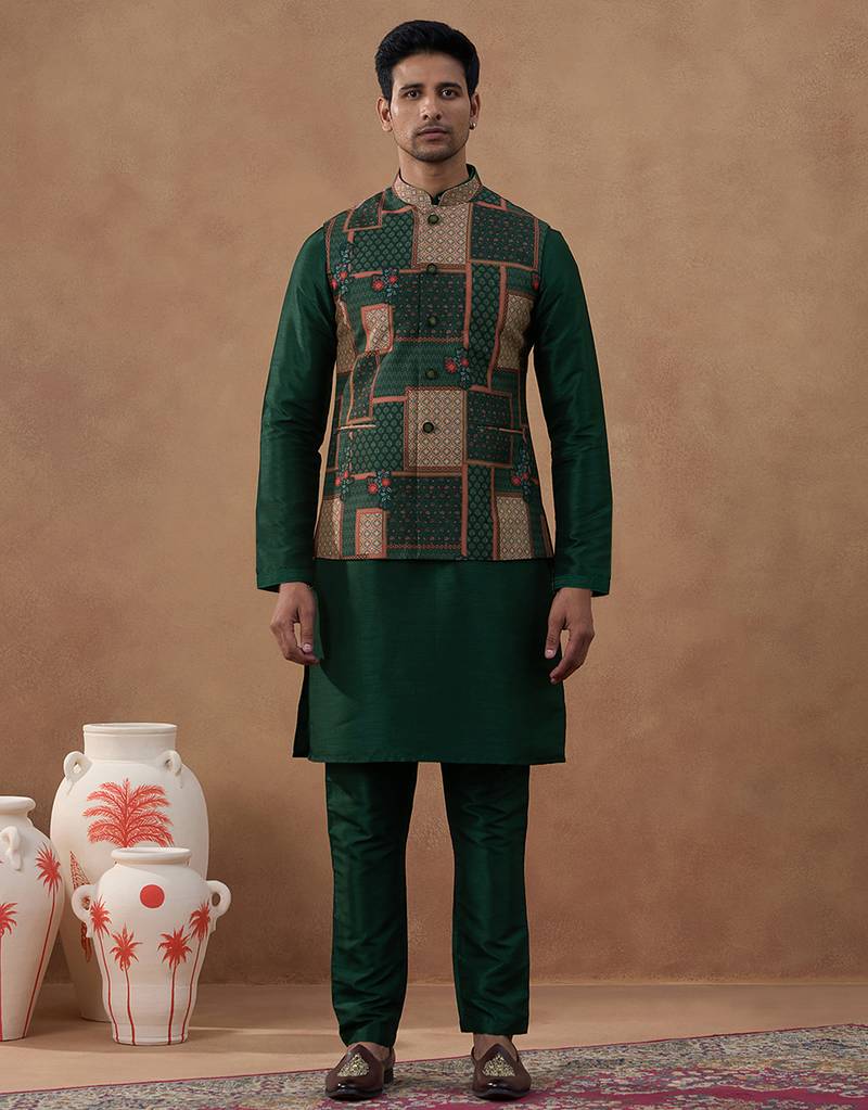 Forest green printed bandi kurta set
