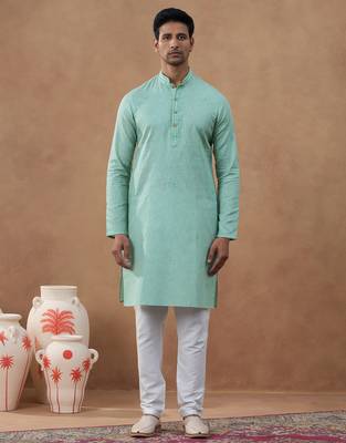 Pista green cotton linen kurta set 1