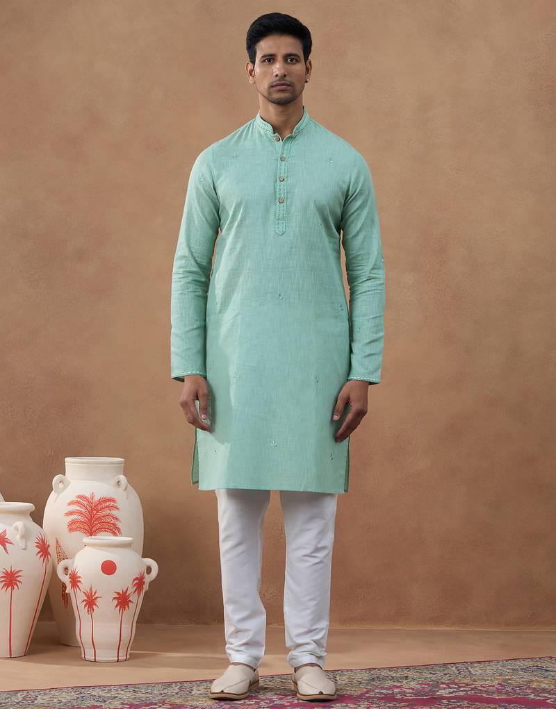 Pista green cotton linen kurta set