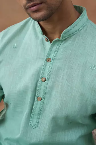 Pista green cotton linen kurta set