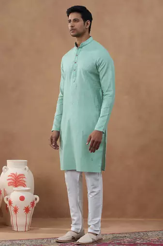 Pista green cotton linen kurta set