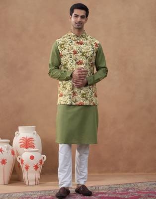 Sage green floral print bundi with kurta set 1