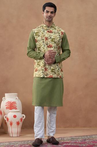 Sage green floral print bundi with kurta set