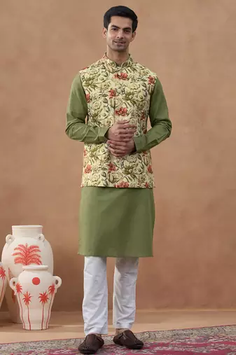 Sage green floral print bundi with kurta set