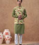 Sage green floral print bundi with kurta set