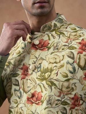 Sage green floral print bundi with kurta set 2