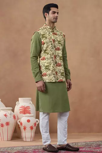 Sage green floral print bundi with kurta set