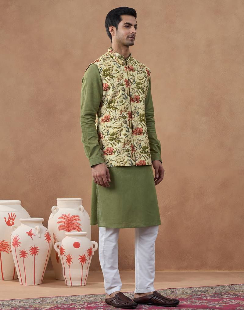 Sage green floral print bundi with kurta set