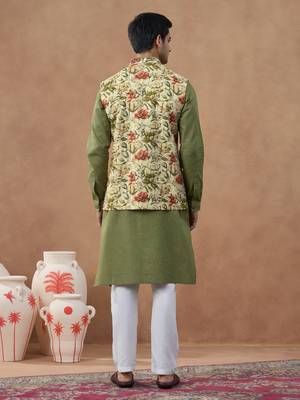Sage green floral print bundi with kurta set 4