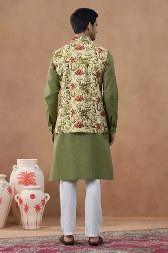 Sage green floral print bundi with kurta set