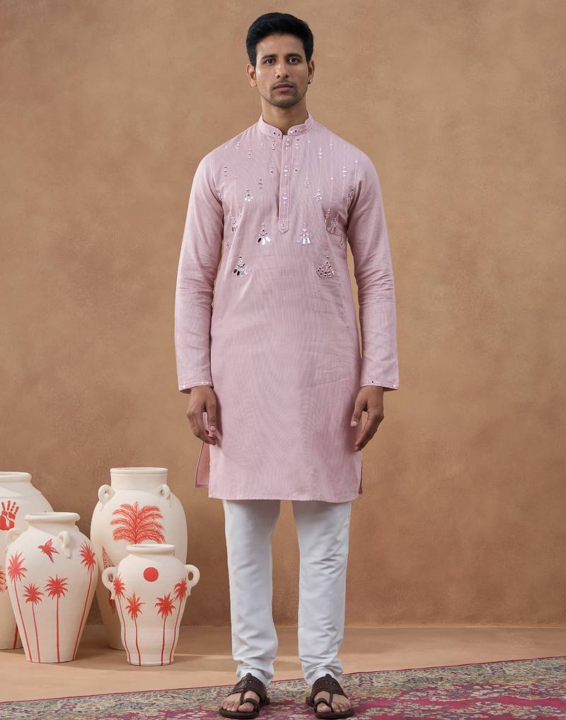 Peach mirror embroidered kurta set