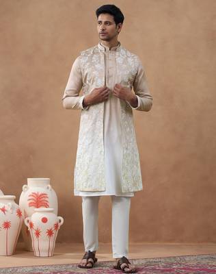 Beige embroidered long jacket kurta set 1