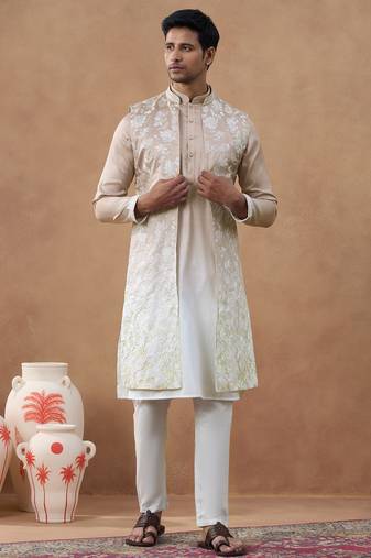 Beige embroidered long jacket kurta set
