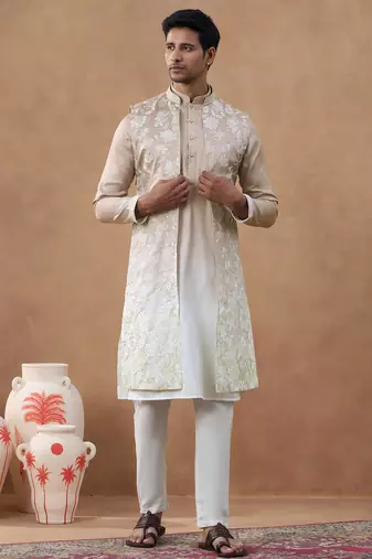 Beige embroidered long jacket kurta set