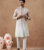 Beige embroidered long jacket kurta set