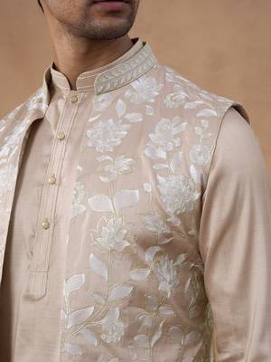 Beige embroidered long jacket kurta set 2