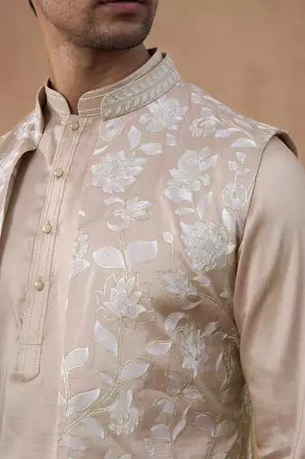 Beige embroidered long jacket kurta set